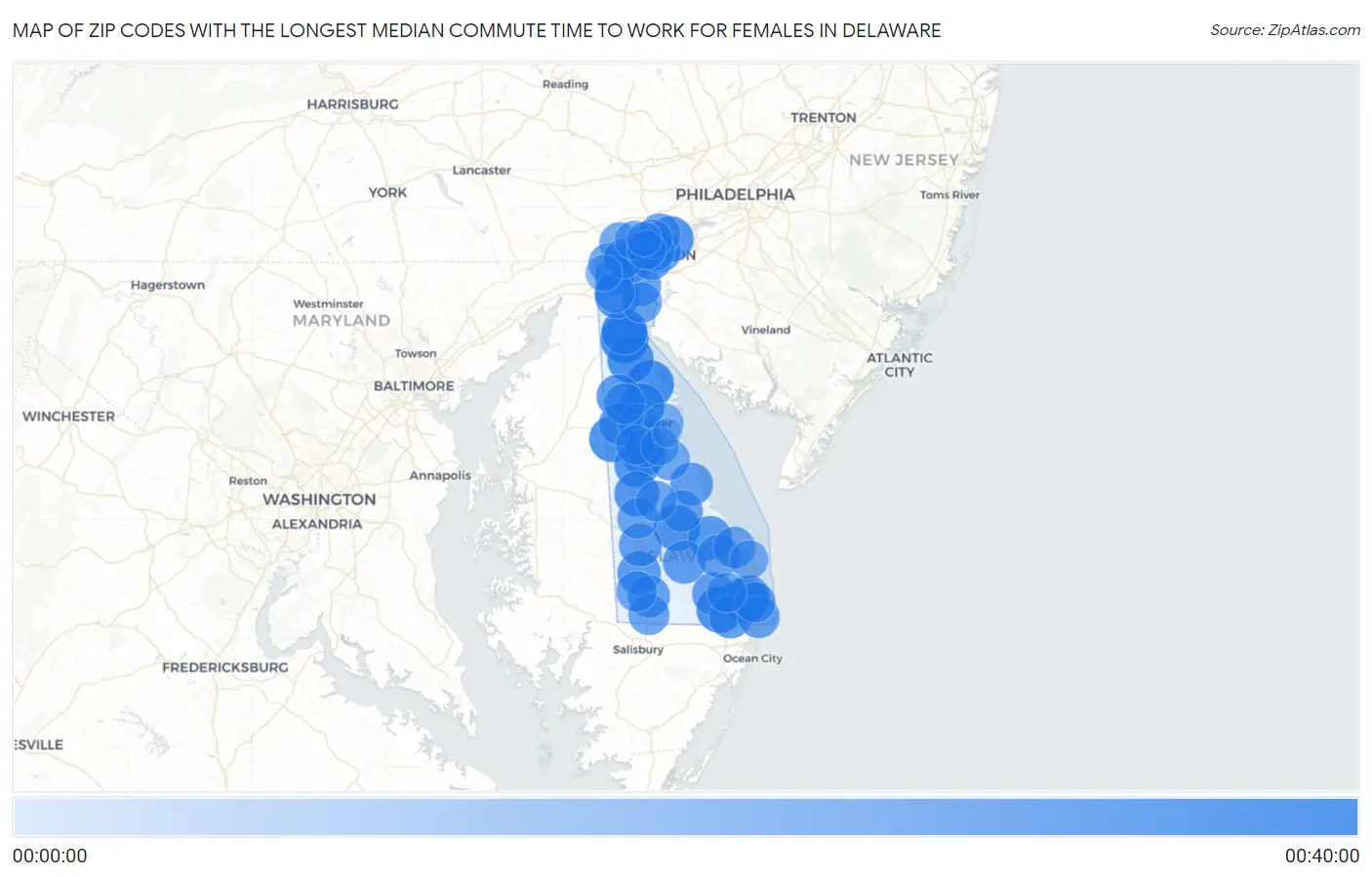 Zip Codes with the Longest Median Commute Time to Work for Females in Delaware Map