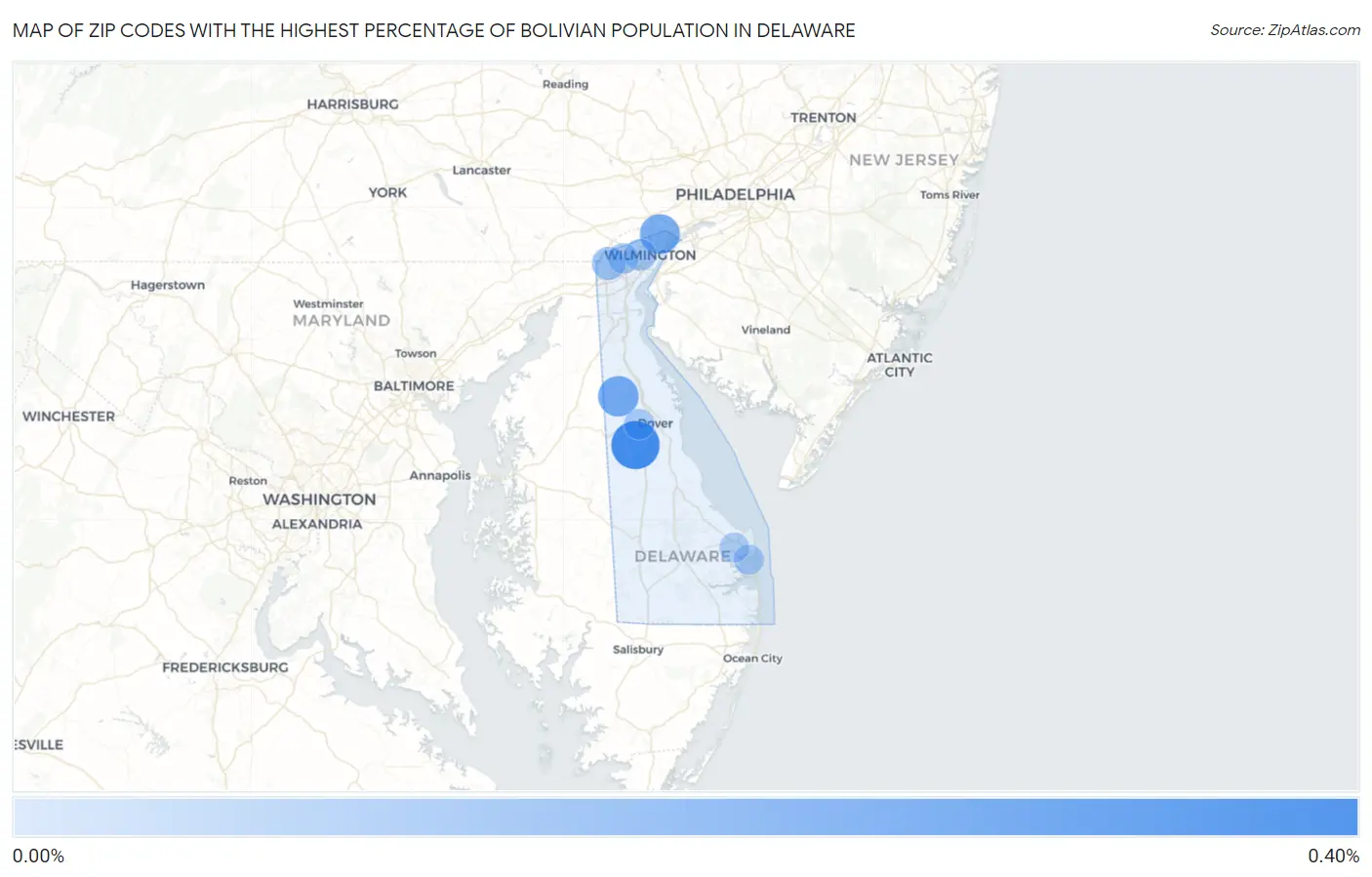 Zip Codes with the Highest Percentage of Bolivian Population in Delaware Map