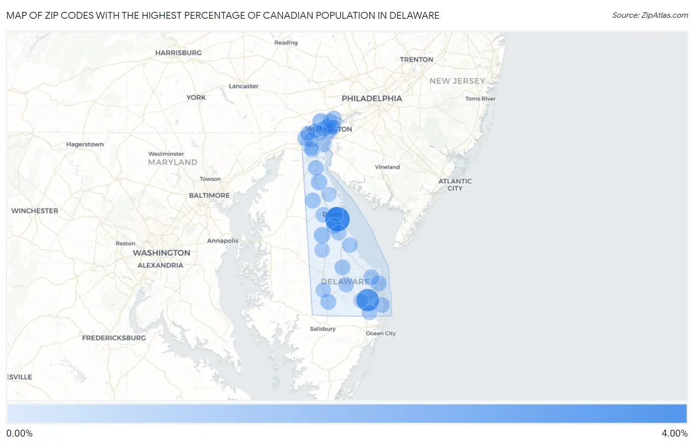 Zip Codes with the Highest Percentage of Canadian Population in Delaware Map