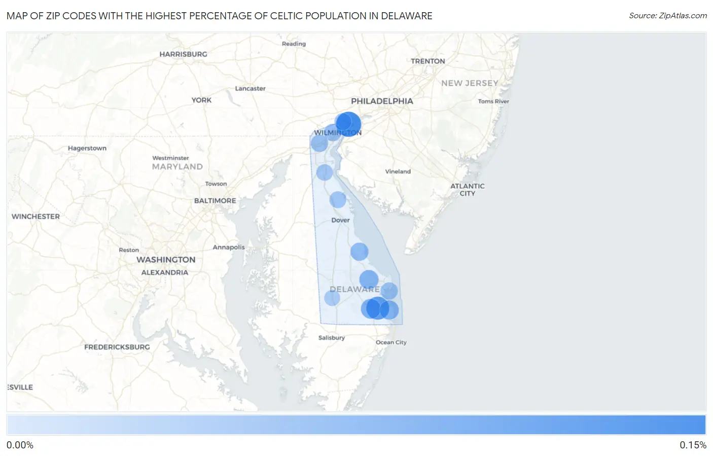 Zip Codes with the Highest Percentage of Celtic Population in Delaware Map