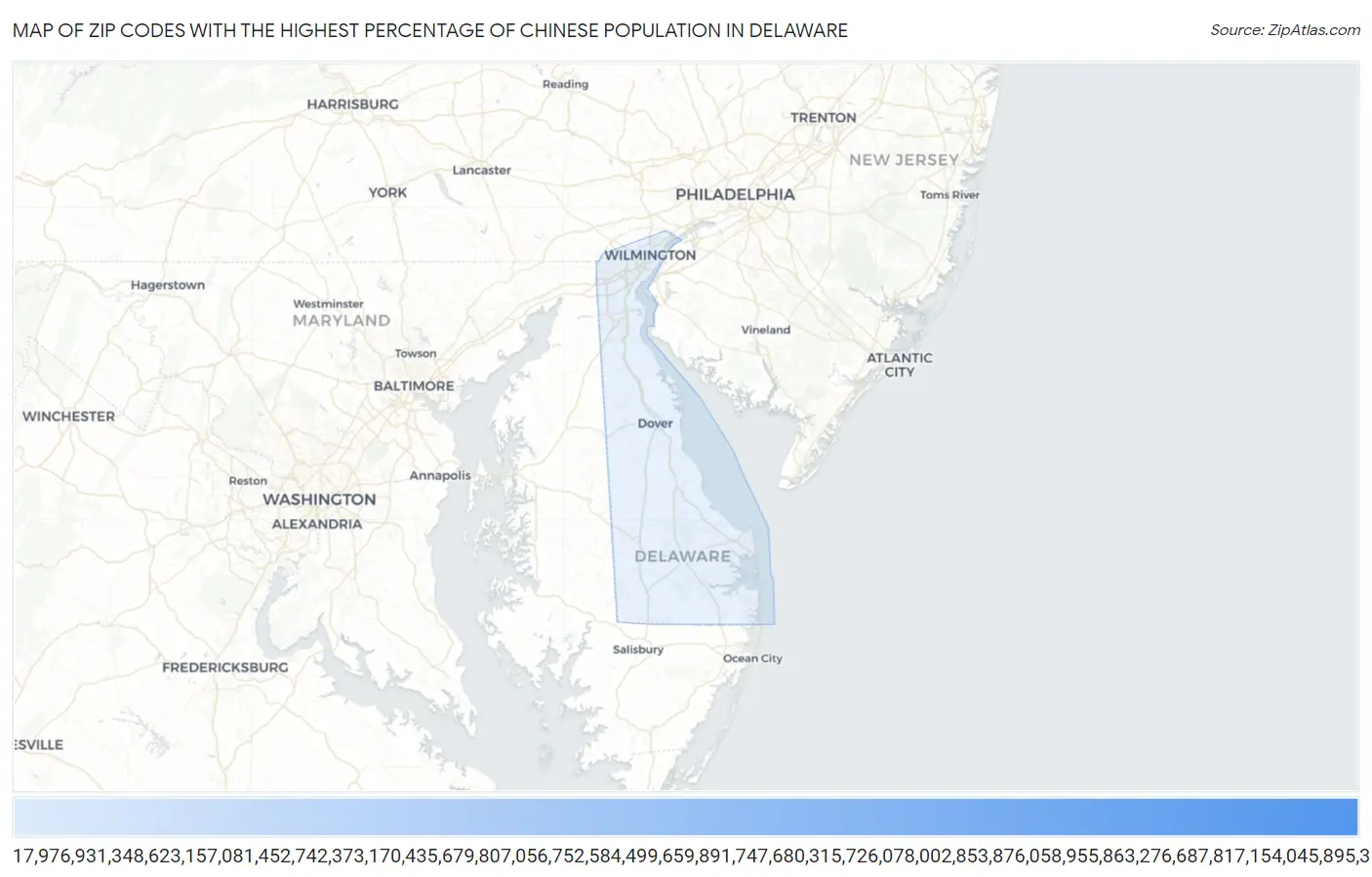 Zip Codes with the Highest Percentage of Chinese Population in Delaware Map