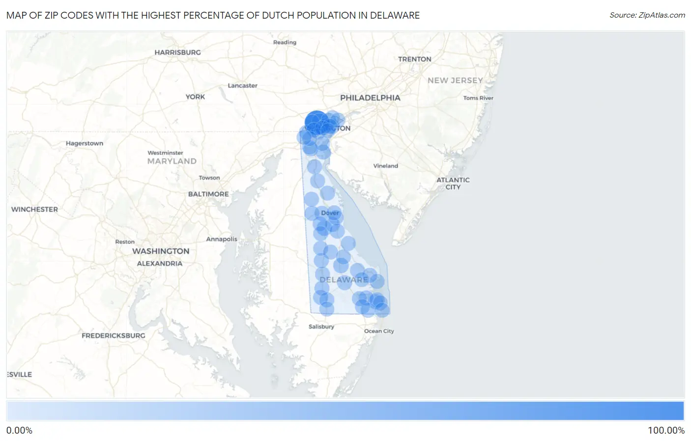 Zip Codes with the Highest Percentage of Dutch Population in Delaware Map