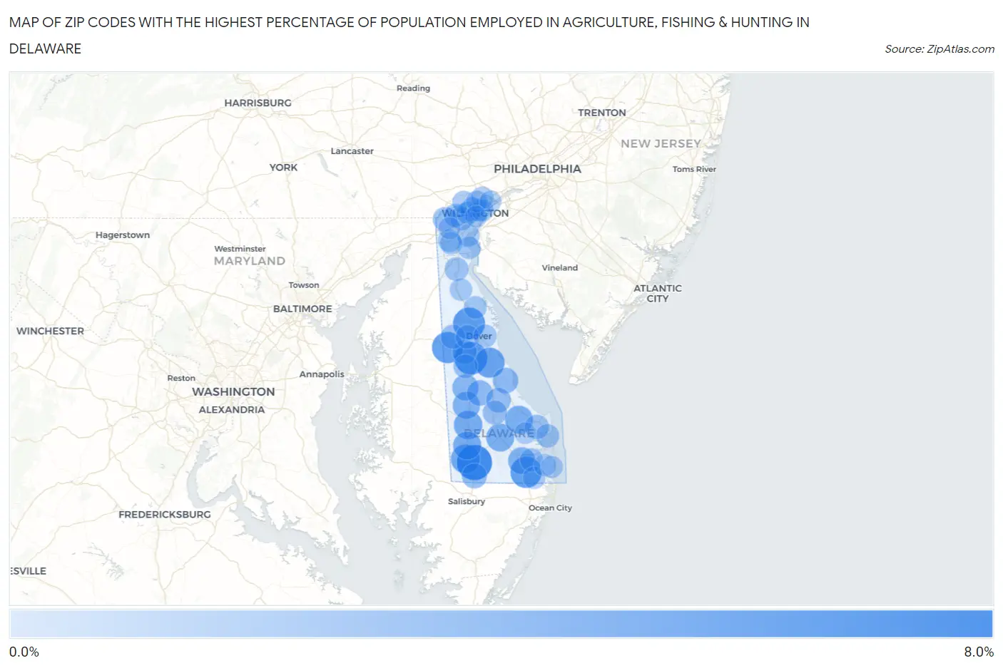 Zip Codes with the Highest Percentage of Population Employed in Agriculture, Fishing & Hunting in Delaware Map