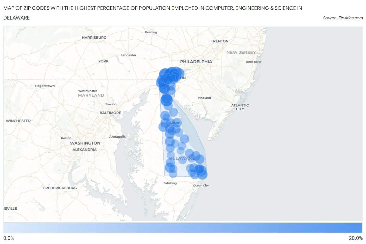 Zip Codes with the Highest Percentage of Population Employed in Computer, Engineering & Science in Delaware Map