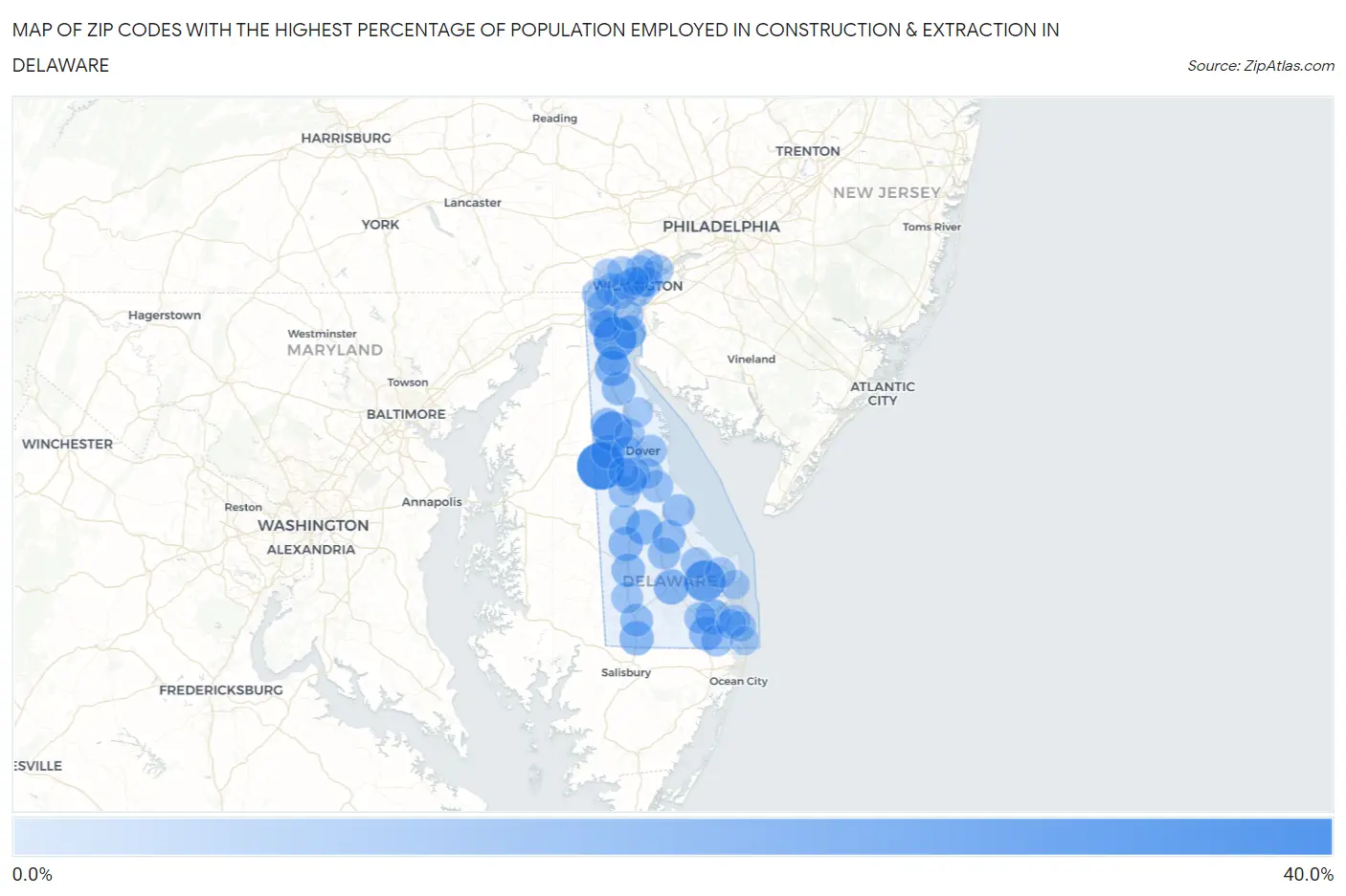 Zip Codes with the Highest Percentage of Population Employed in Construction & Extraction in Delaware Map