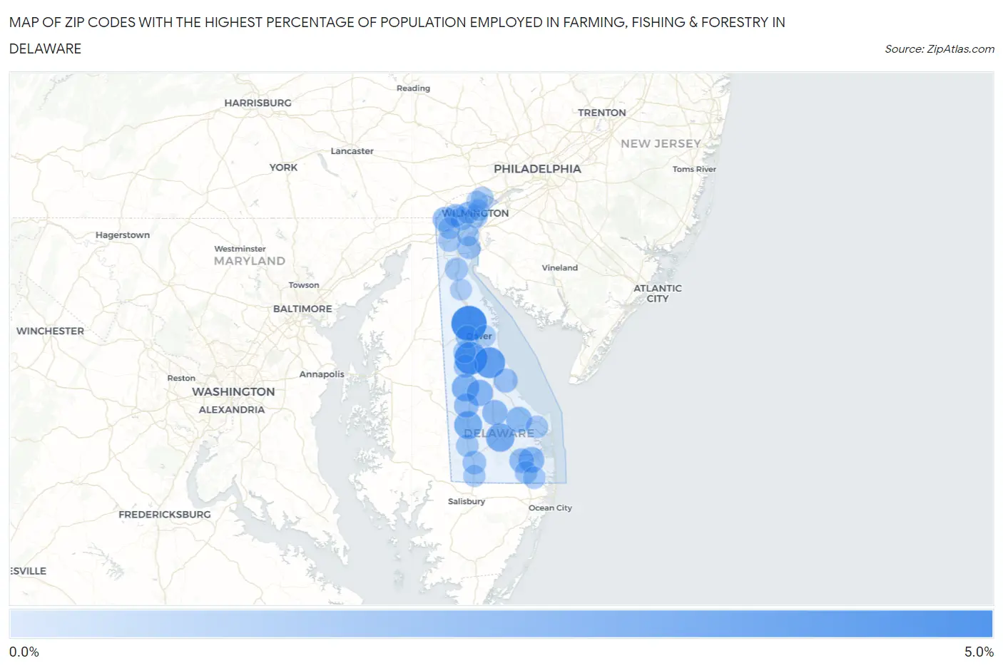 Zip Codes with the Highest Percentage of Population Employed in Farming, Fishing & Forestry in Delaware Map