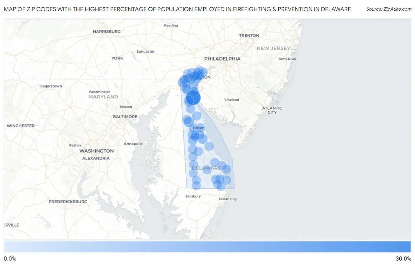 Zip Codes with the Highest Percentage of Population Employed in Firefighting & Prevention in Delaware Map
