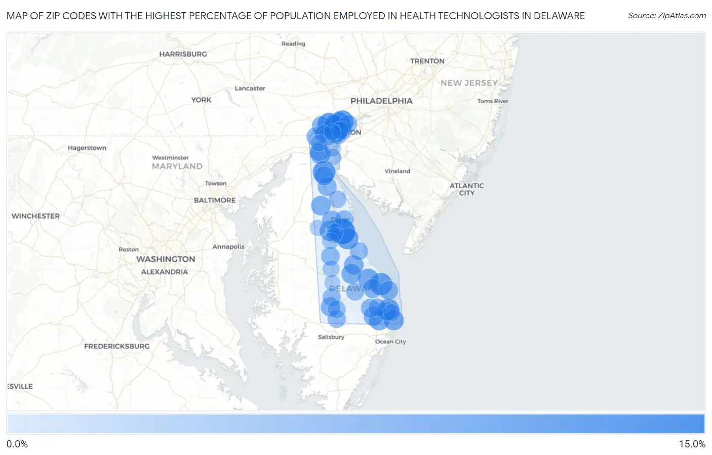 Zip Codes with the Highest Percentage of Population Employed in Health Technologists in Delaware Map