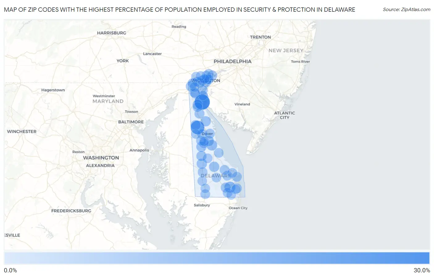 Zip Codes with the Highest Percentage of Population Employed in Security & Protection in Delaware Map