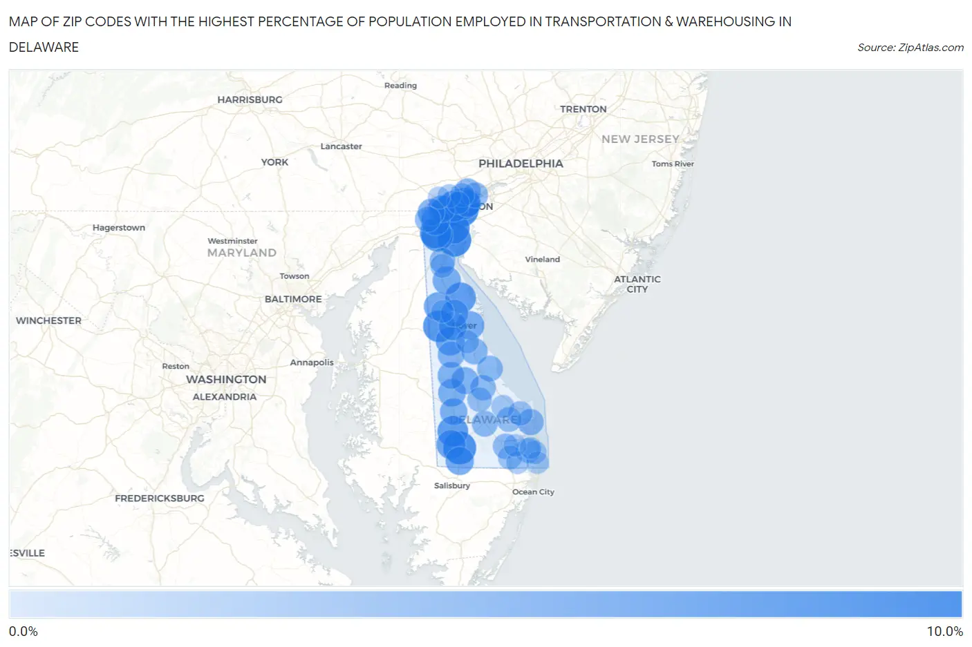 Zip Codes with the Highest Percentage of Population Employed in Transportation & Warehousing in Delaware Map