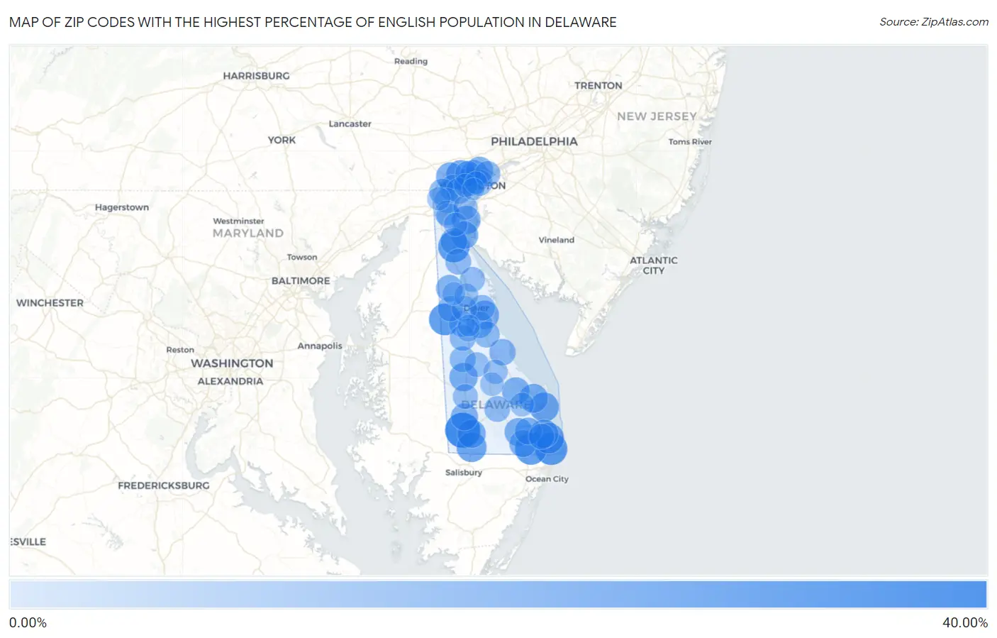 Zip Codes with the Highest Percentage of English Population in Delaware Map