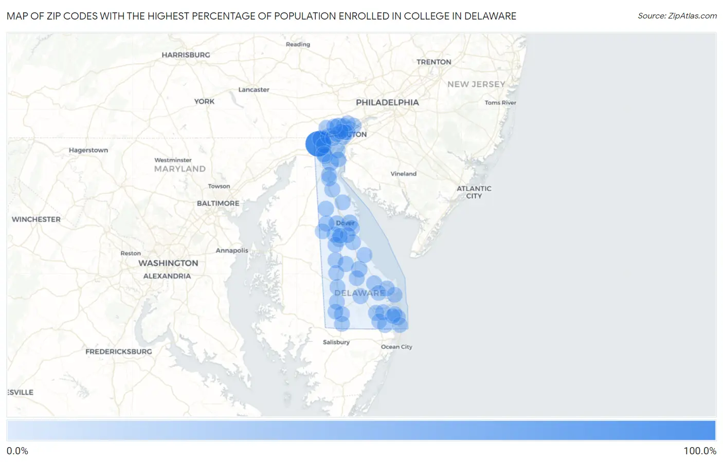 Zip Codes with the Highest Percentage of Population Enrolled in College in Delaware Map