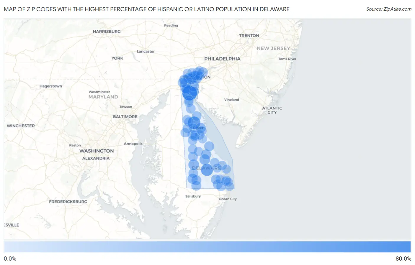 Zip Codes with the Highest Percentage of Hispanic or Latino Population in Delaware Map