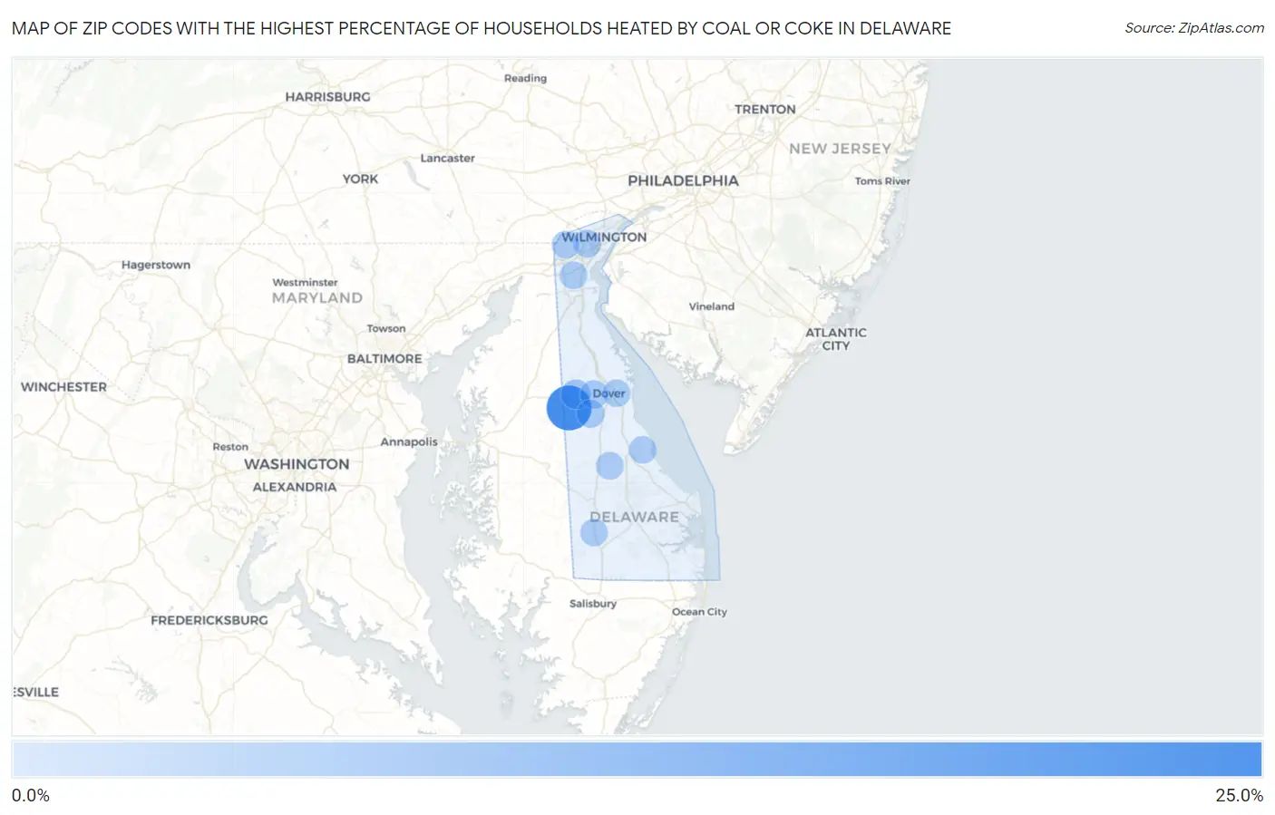 Zip Codes with the Highest Percentage of Households Heated by Coal or Coke in Delaware Map