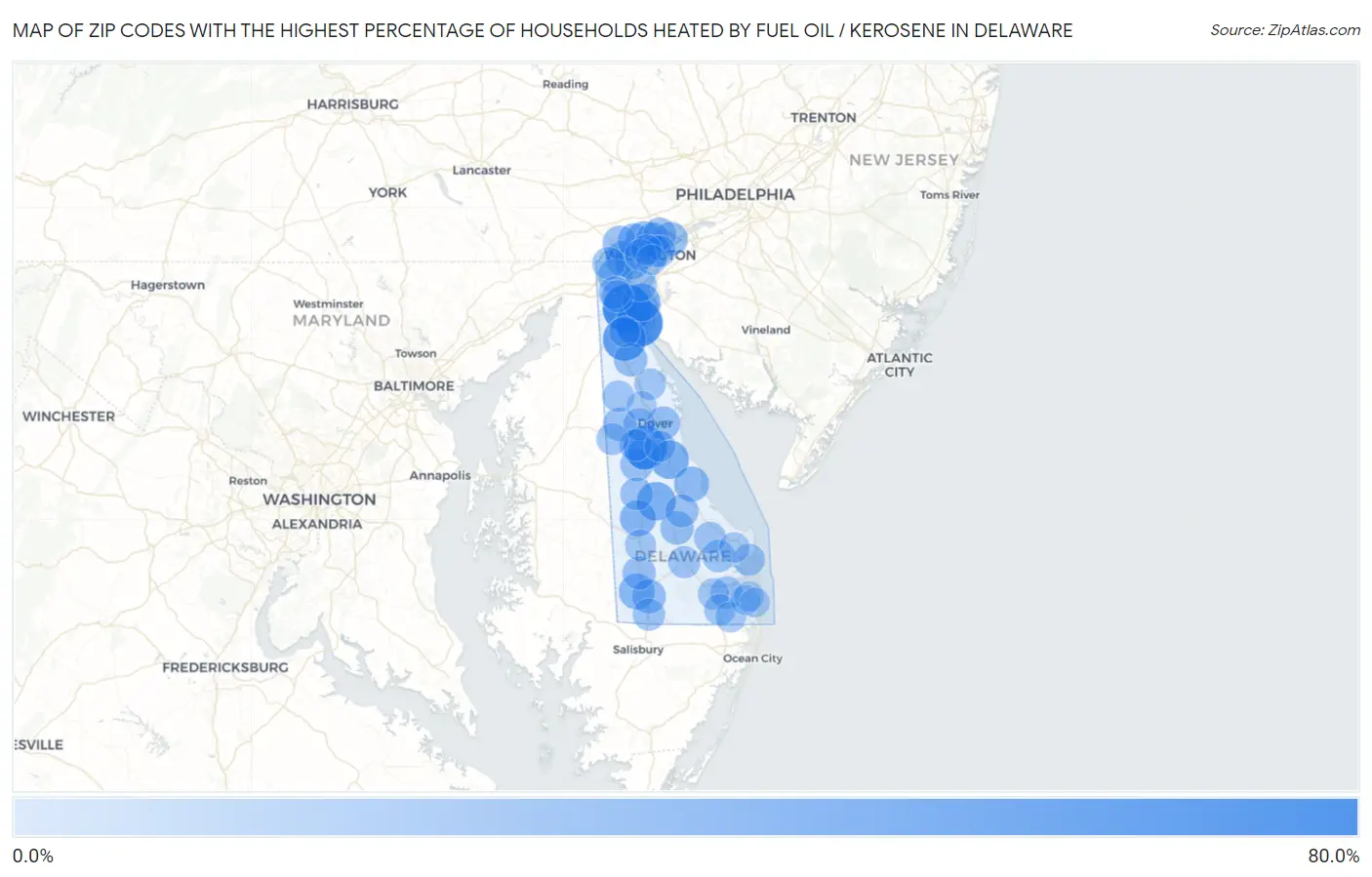 Zip Codes with the Highest Percentage of Households Heated by Fuel Oil / Kerosene in Delaware Map