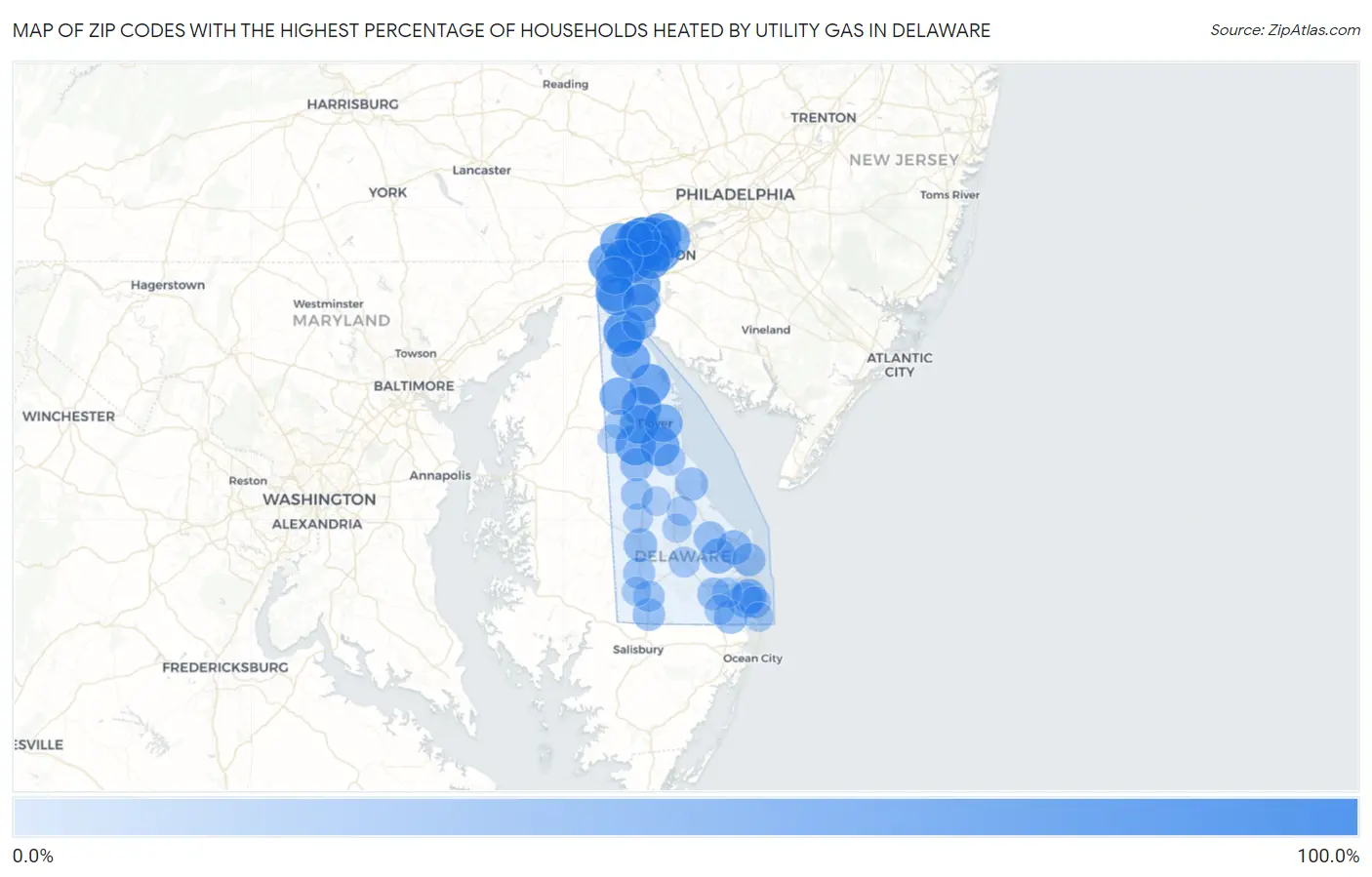 Zip Codes with the Highest Percentage of Households Heated by Utility Gas in Delaware Map