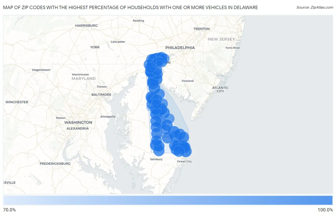 Zip Codes with the Highest Percentage of Households With One or more Vehicles in Delaware Map
