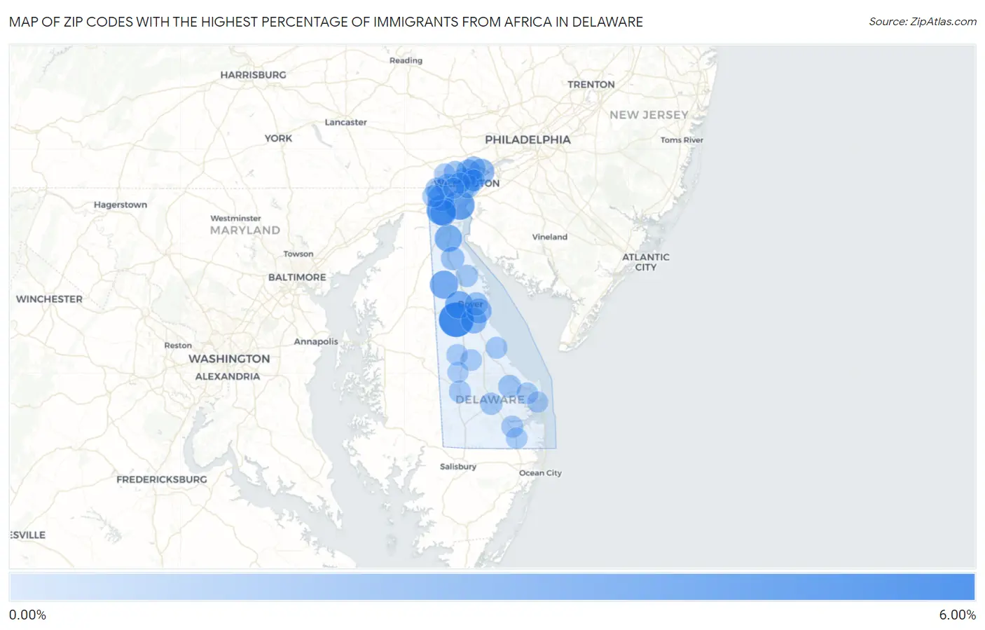 Zip Codes with the Highest Percentage of Immigrants from Africa in Delaware Map