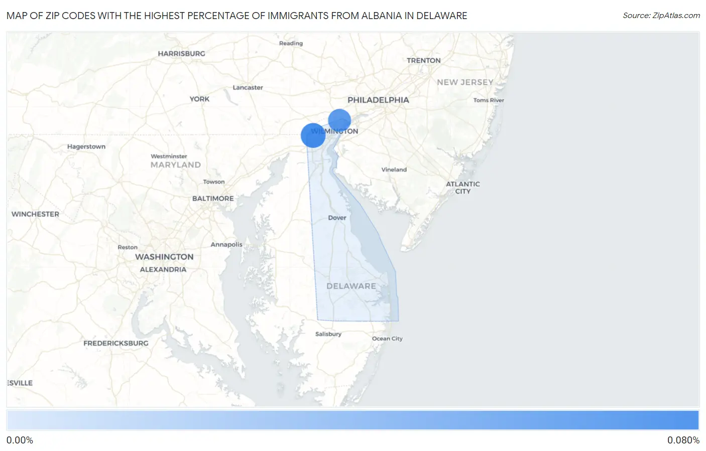 Zip Codes with the Highest Percentage of Immigrants from Albania in Delaware Map