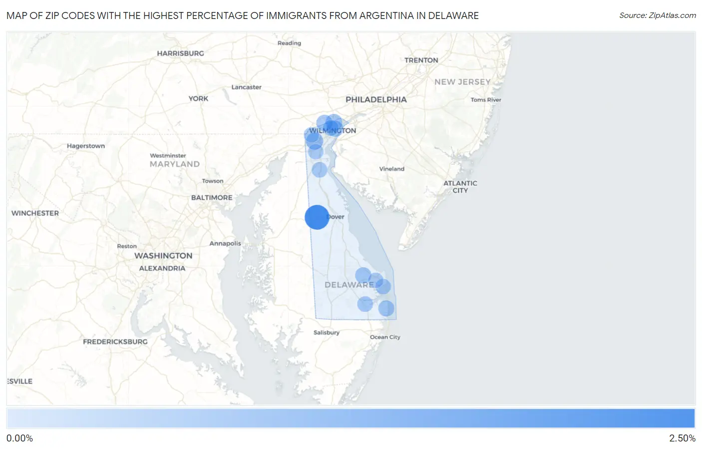 Zip Codes with the Highest Percentage of Immigrants from Argentina in Delaware Map