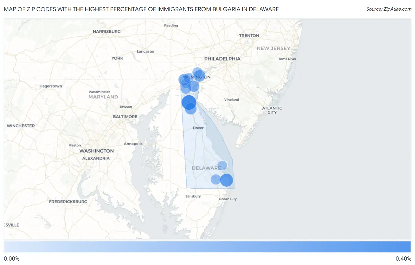 Zip Codes with the Highest Percentage of Immigrants from Bulgaria in Delaware Map