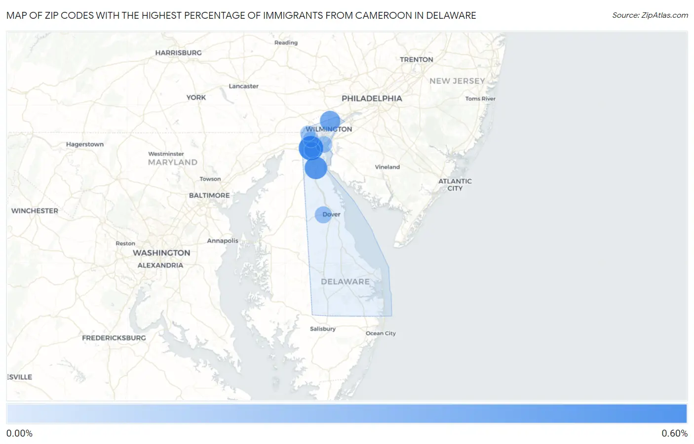 Zip Codes with the Highest Percentage of Immigrants from Cameroon in Delaware Map