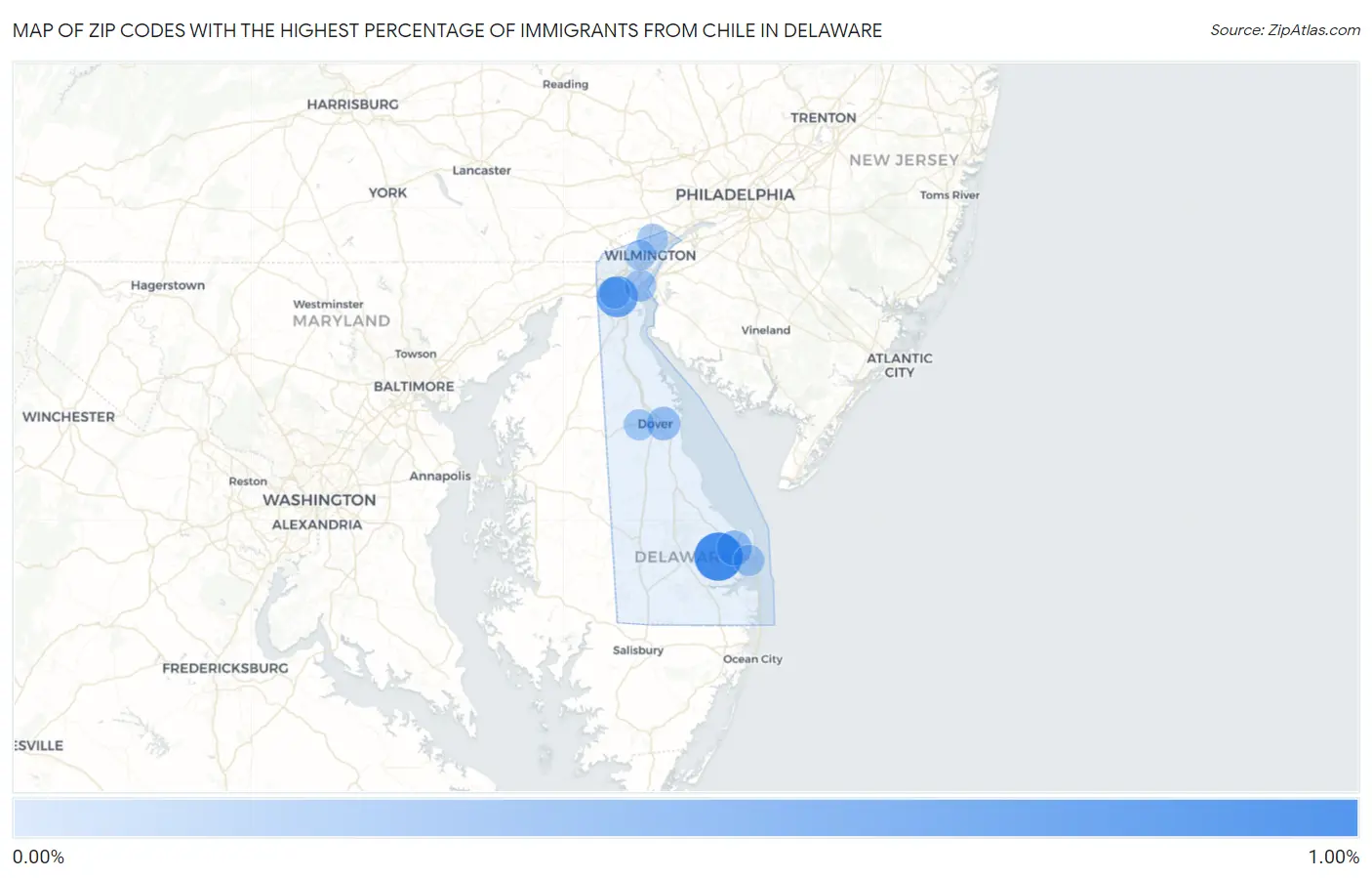 Zip Codes with the Highest Percentage of Immigrants from Chile in Delaware Map