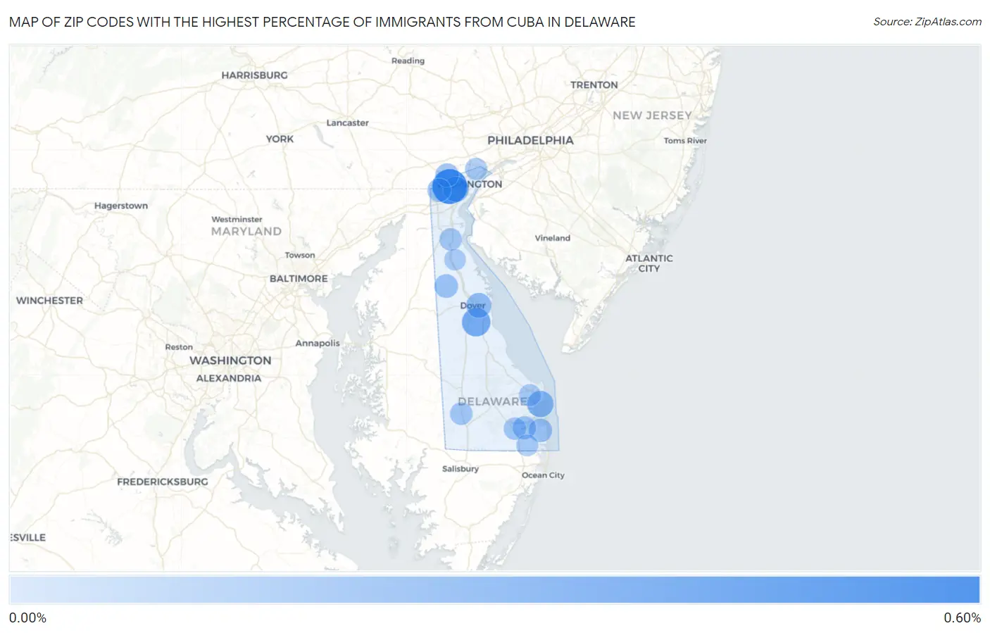 Zip Codes with the Highest Percentage of Immigrants from Cuba in Delaware Map