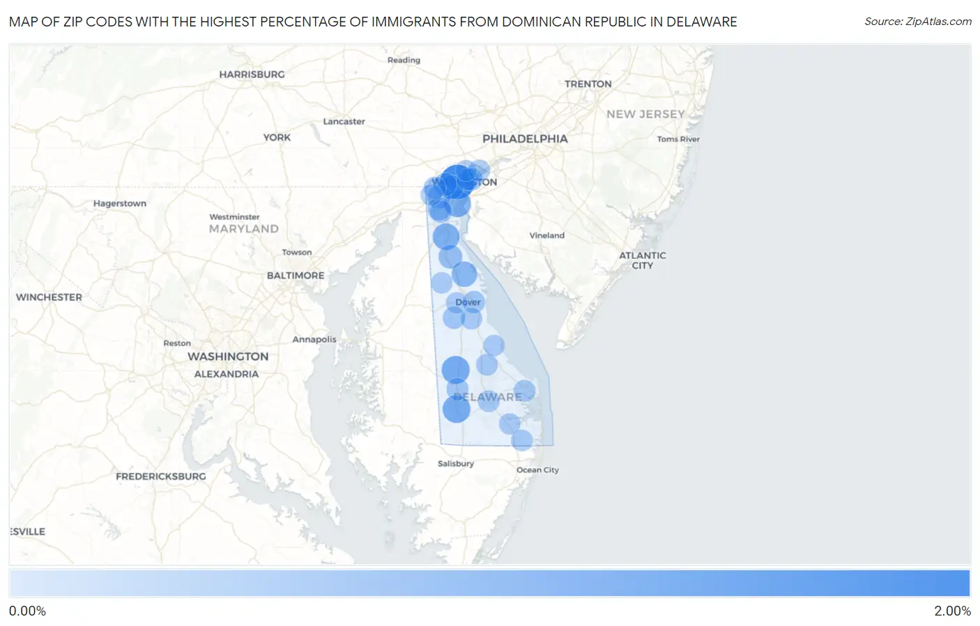 Zip Codes with the Highest Percentage of Immigrants from Dominican Republic in Delaware Map
