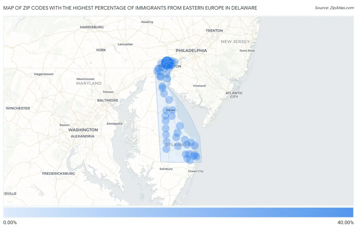 Zip Codes with the Highest Percentage of Immigrants from Eastern Europe in Delaware Map