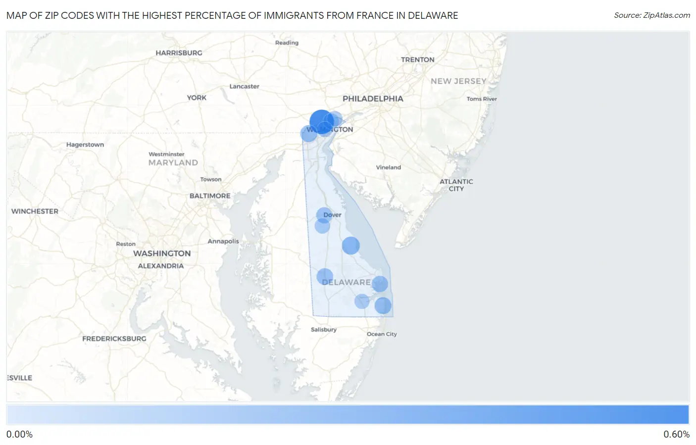 Zip Codes with the Highest Percentage of Immigrants from France in Delaware Map