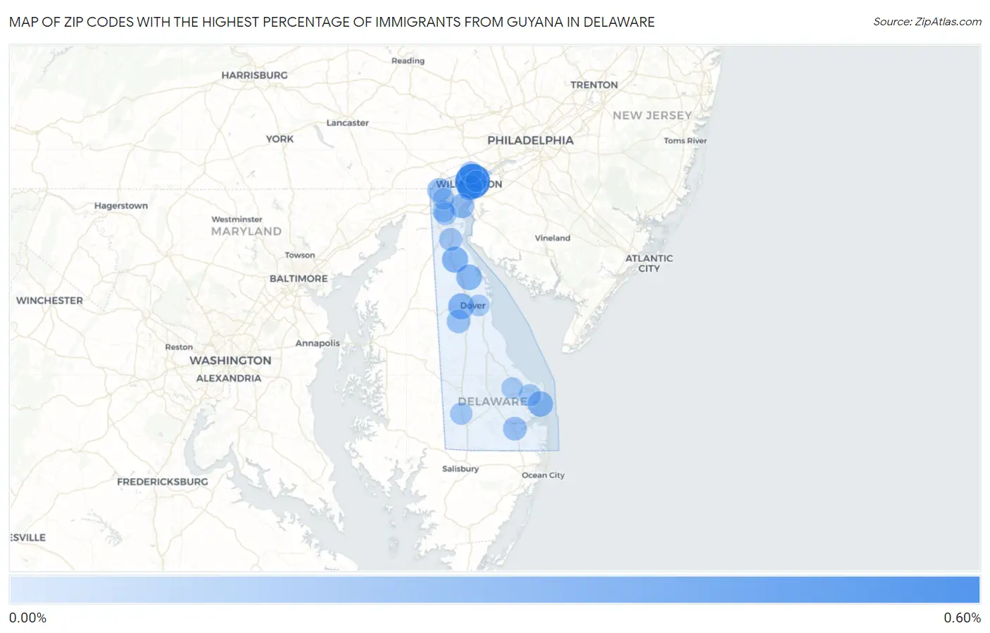 Zip Codes with the Highest Percentage of Immigrants from Guyana in Delaware Map