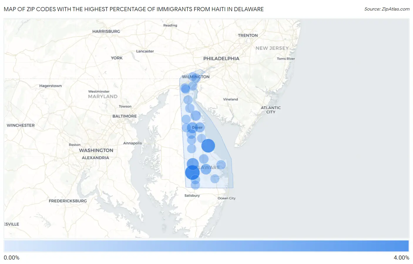 Zip Codes with the Highest Percentage of Immigrants from Haiti in Delaware Map