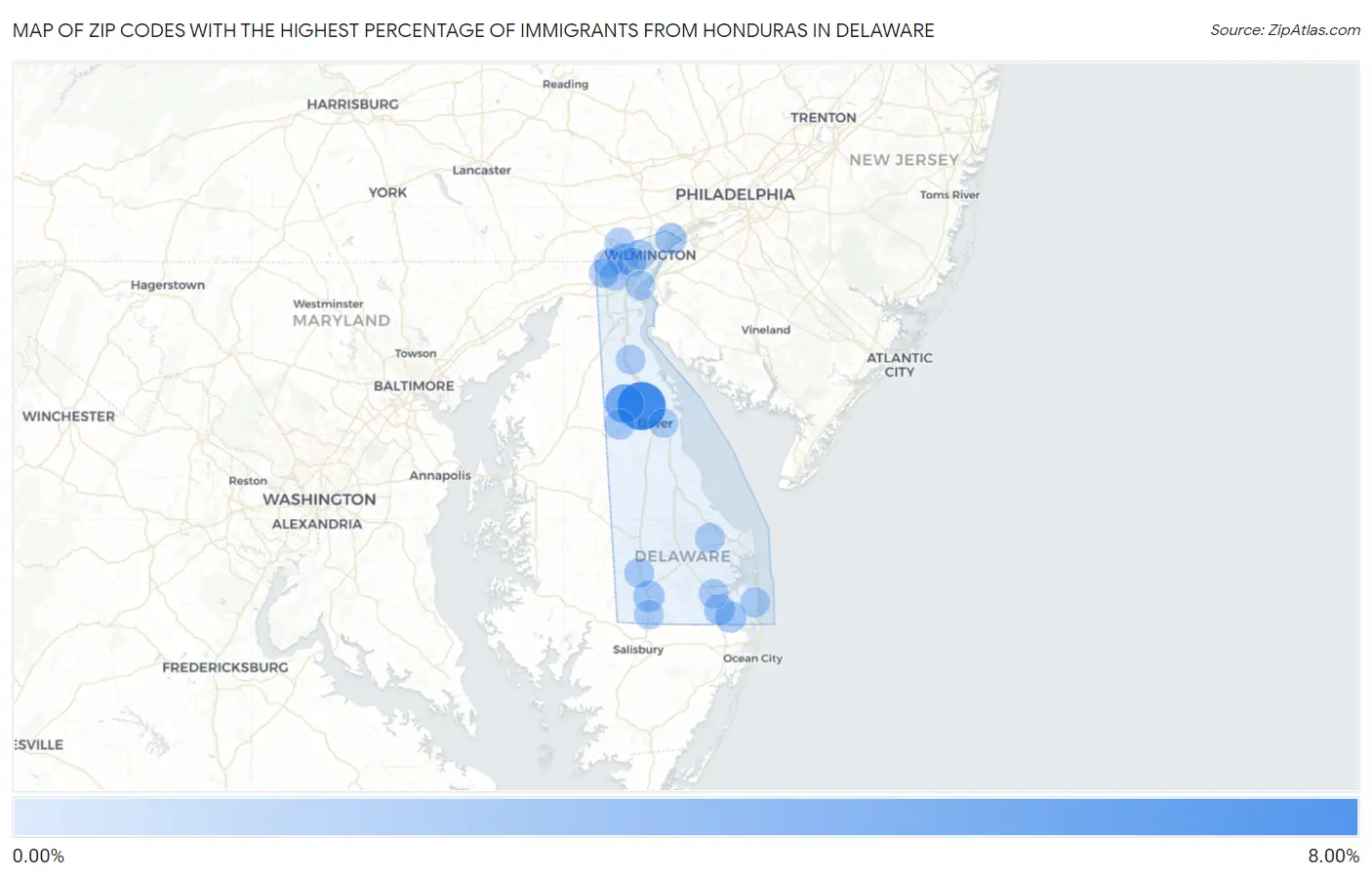 Zip Codes with the Highest Percentage of Immigrants from Honduras in Delaware Map