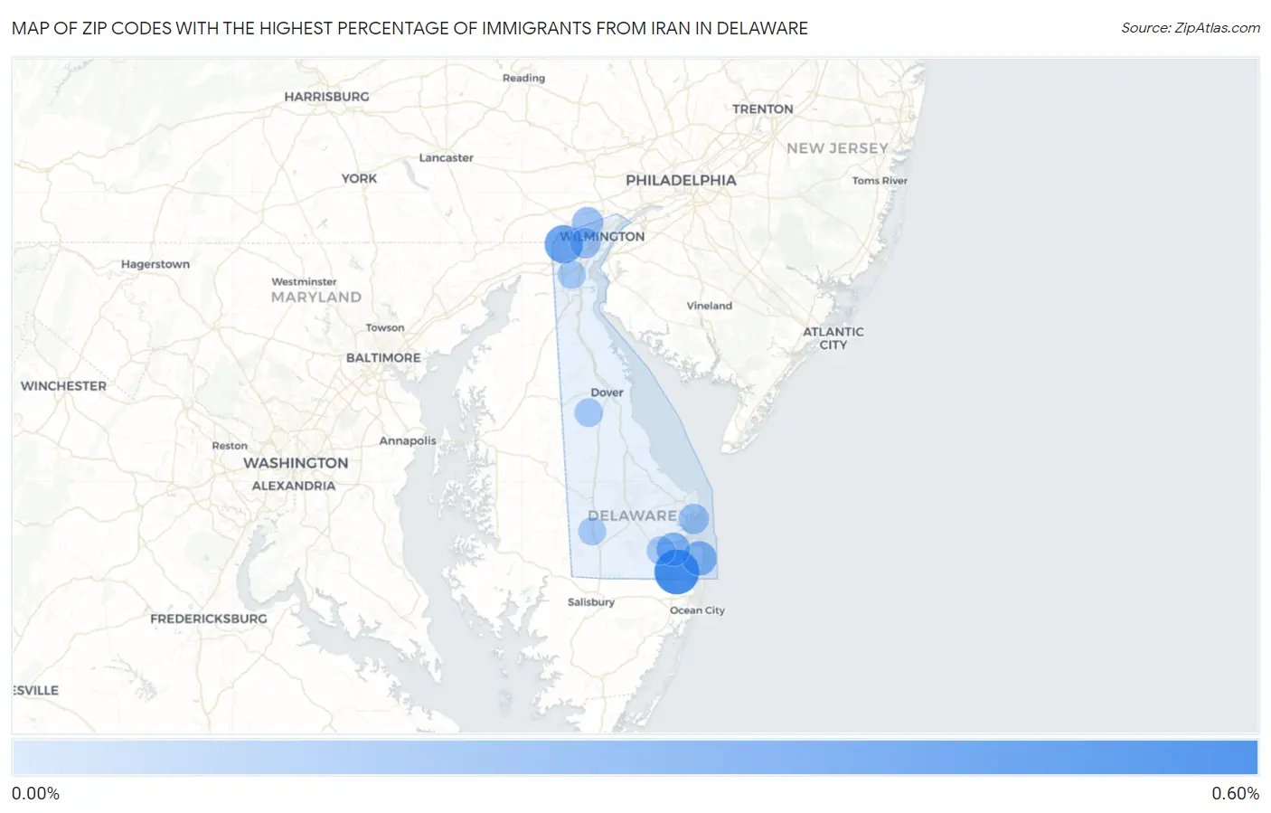 Zip Codes with the Highest Percentage of Immigrants from Iran in Delaware Map