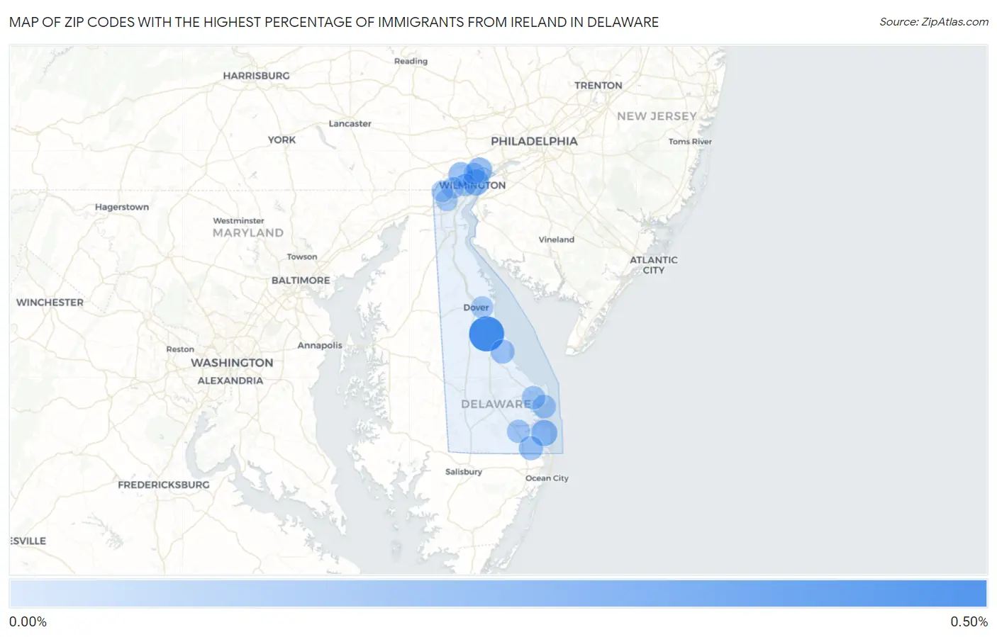 Zip Codes with the Highest Percentage of Immigrants from Ireland in Delaware Map