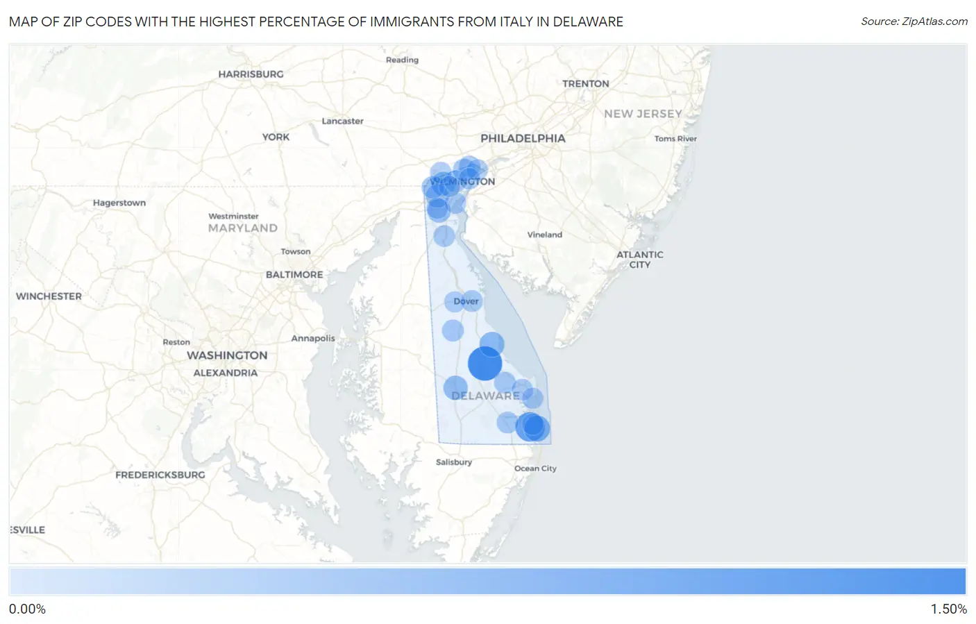 Zip Codes with the Highest Percentage of Immigrants from Italy in Delaware Map