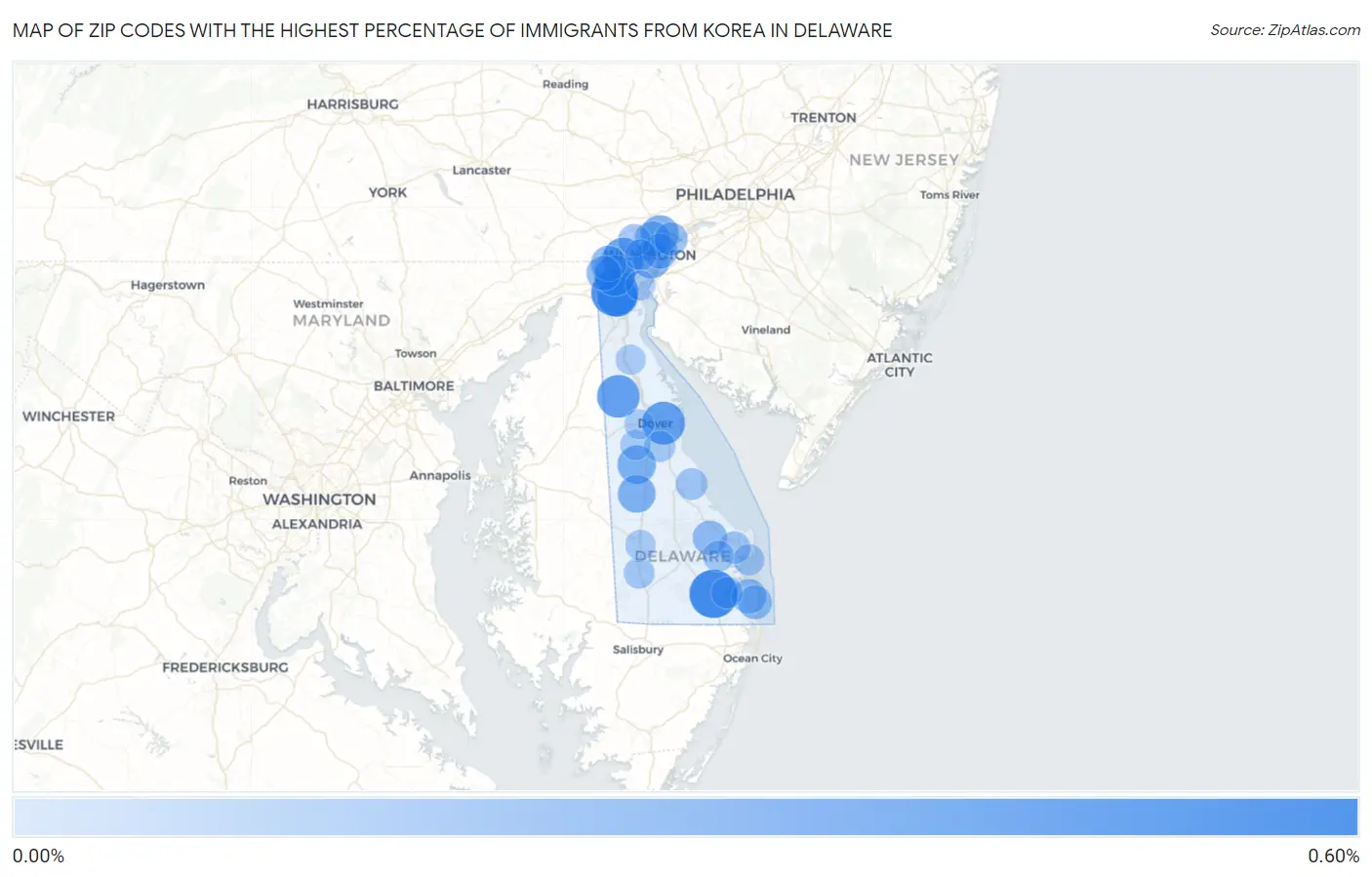 Zip Codes with the Highest Percentage of Immigrants from Korea in Delaware Map