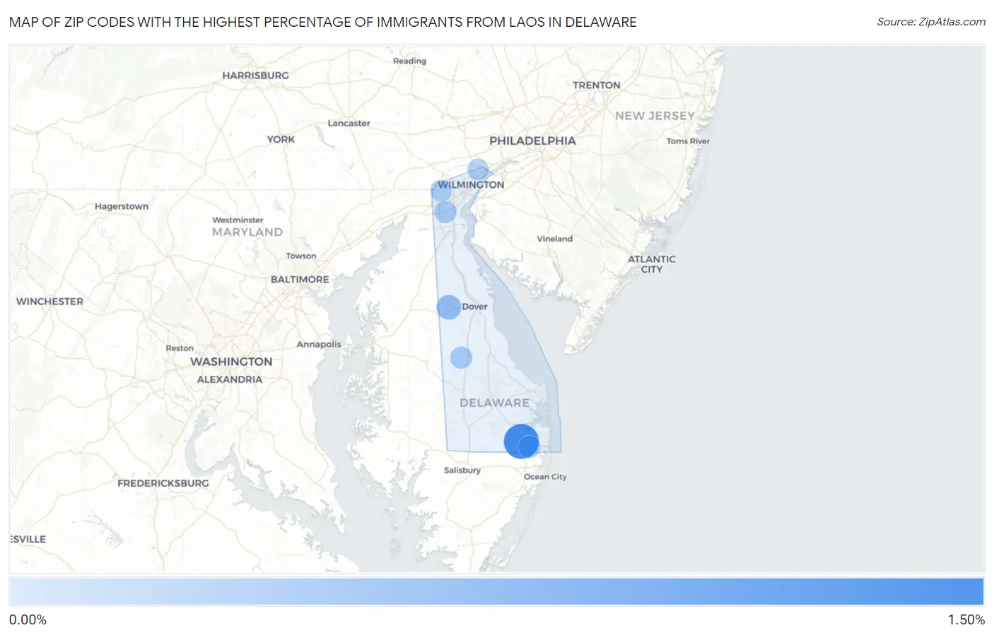 Zip Codes with the Highest Percentage of Immigrants from Laos in Delaware Map