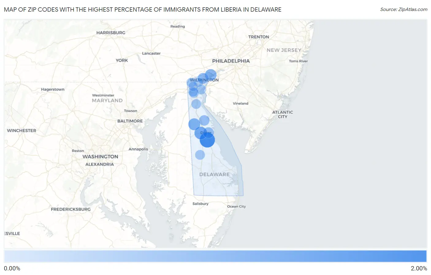 Zip Codes with the Highest Percentage of Immigrants from Liberia in Delaware Map