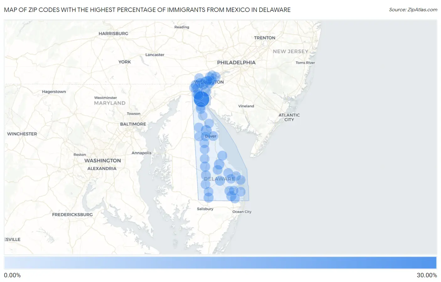 Zip Codes with the Highest Percentage of Immigrants from Mexico in Delaware Map