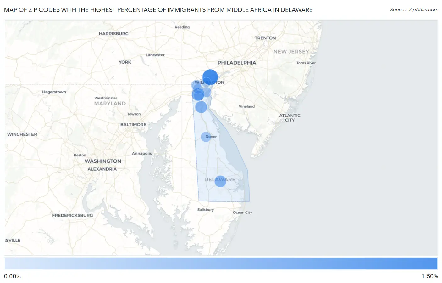 Zip Codes with the Highest Percentage of Immigrants from Middle Africa in Delaware Map
