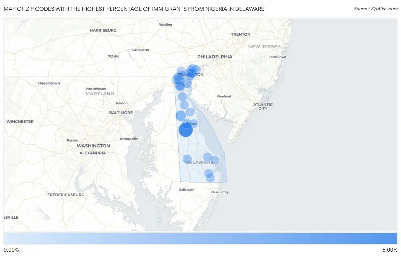 Zip Codes with the Highest Percentage of Immigrants from Nigeria in Delaware Map