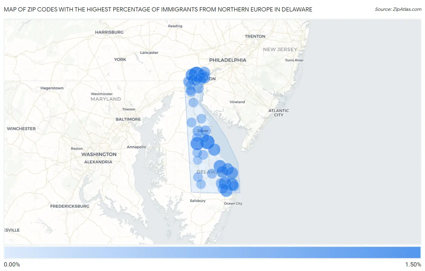 Zip Codes with the Highest Percentage of Immigrants from Northern Europe in Delaware Map