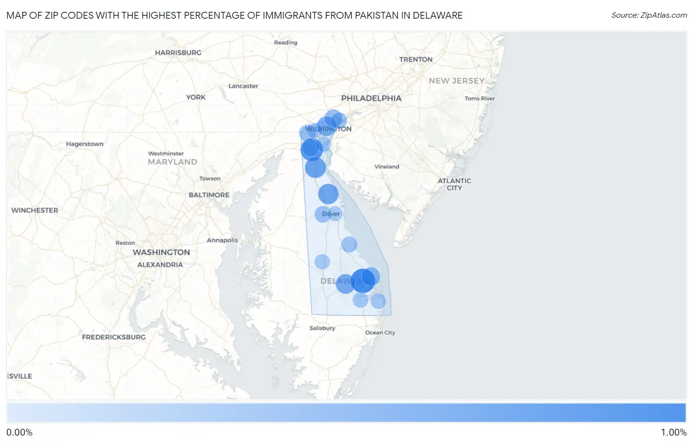 Zip Codes with the Highest Percentage of Immigrants from Pakistan in Delaware Map