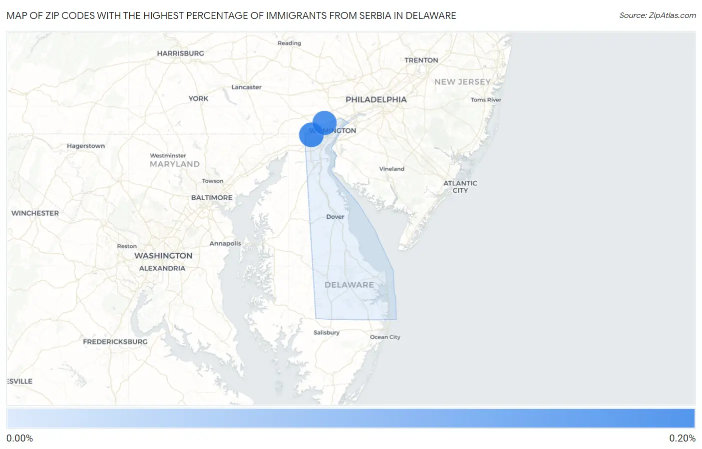 Zip Codes with the Highest Percentage of Immigrants from Serbia in Delaware Map