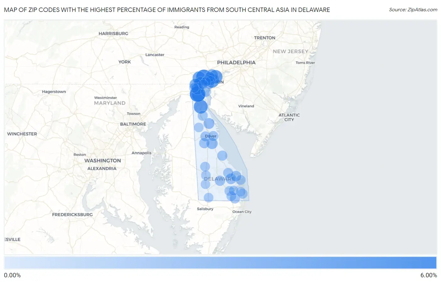 Zip Codes with the Highest Percentage of Immigrants from South Central Asia in Delaware Map
