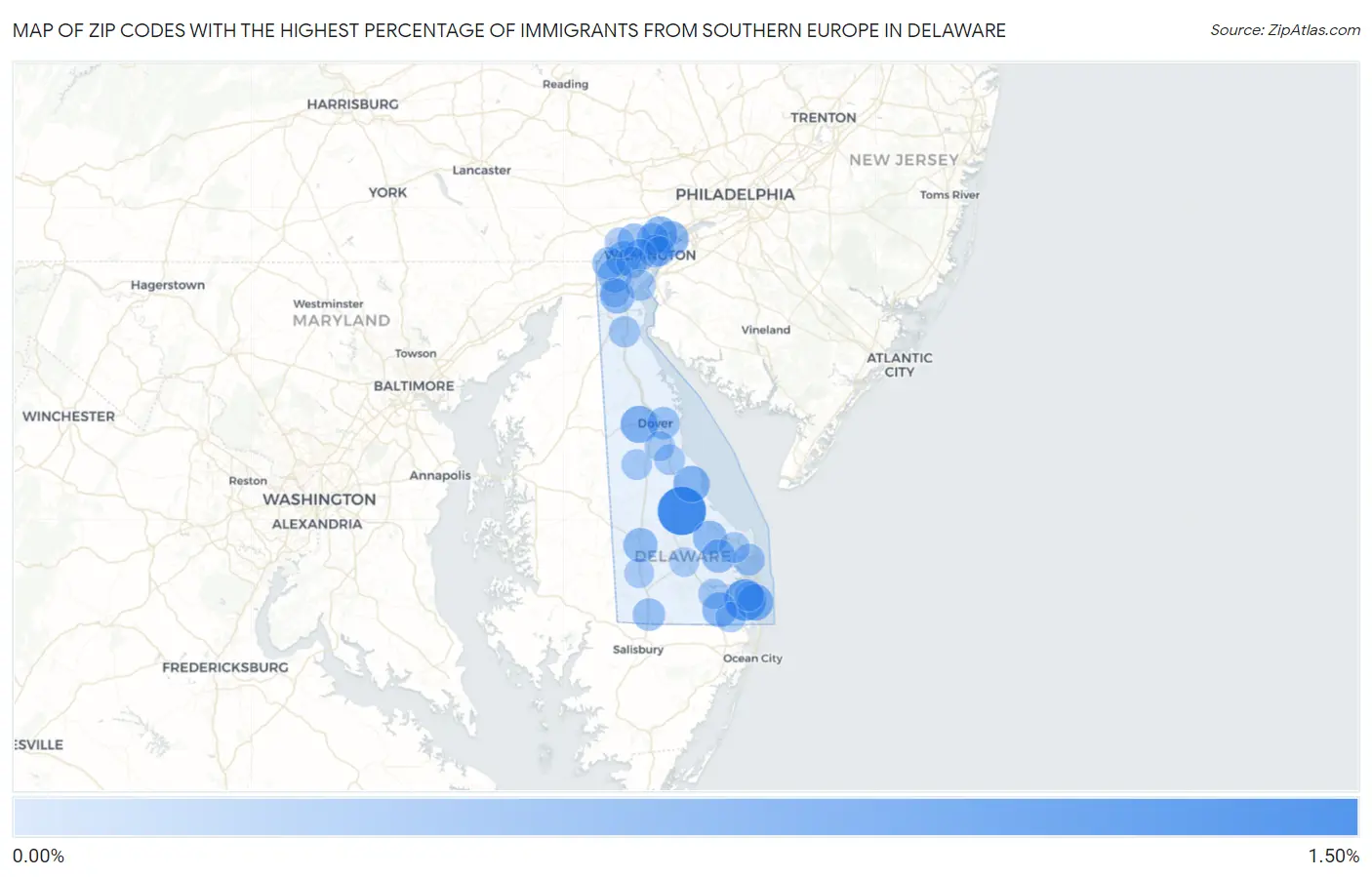 Zip Codes with the Highest Percentage of Immigrants from Southern Europe in Delaware Map