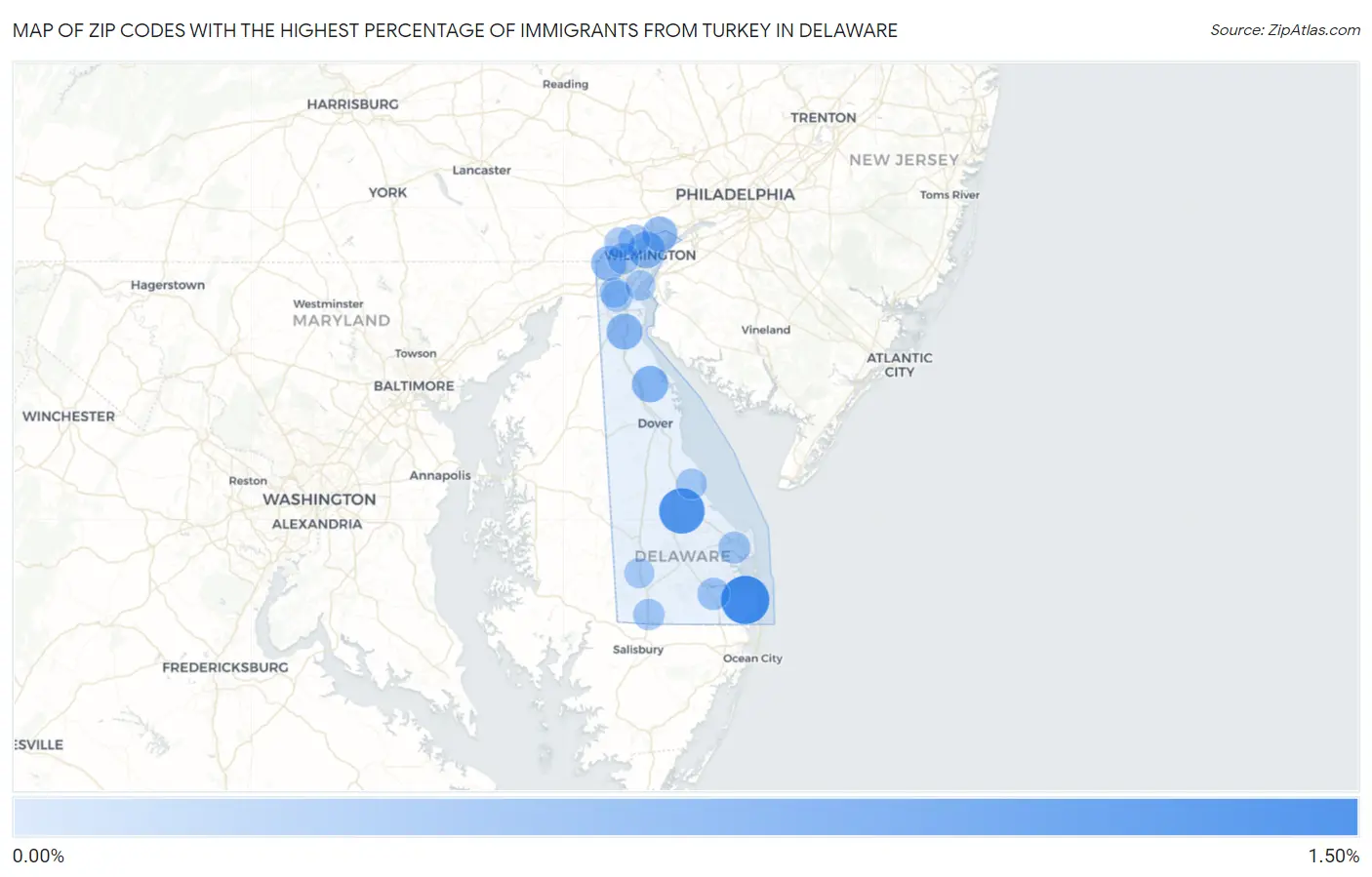 Zip Codes with the Highest Percentage of Immigrants from Turkey in Delaware Map