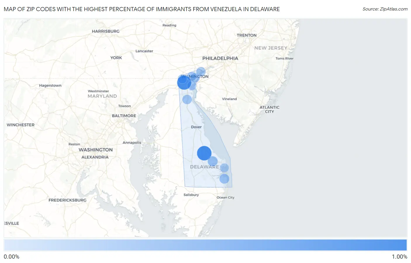 Zip Codes with the Highest Percentage of Immigrants from Venezuela in Delaware Map